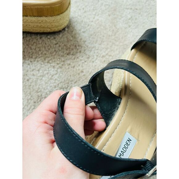 Steve Madden Espadrille Wedge Leather Black Sandals sz 10M - Picture 11 of 12